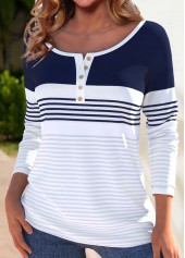 White Button Striped Long Sleeve Boat Neck T Shirt