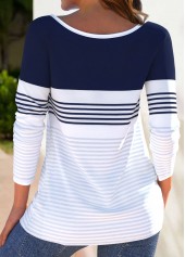 White Button Striped Long Sleeve Boat Neck T Shirt