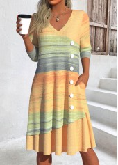 Yellow Patchwork Ombre A Line Long Sleeve Dress