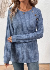 Dusty Blue Button Long Sleeve Round Neck T Shirt
