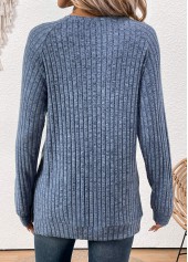 Dusty Blue Button Long Sleeve Round Neck T Shirt