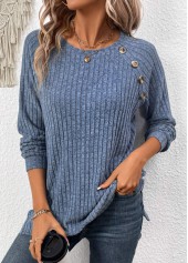 Dusty Blue Button Long Sleeve Round Neck T Shirt