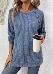 Dusty Blue Button Long Sleeve Round Neck T Shirt