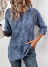 Dusty Blue Button Long Sleeve Round Neck T Shirt