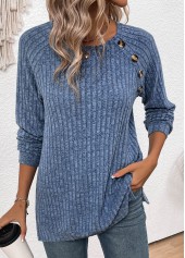 Dusty Blue Button Long Sleeve Round Neck T Shirt