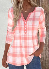 Dusty Pink Tuck Stitch Plaid Long Sleeve T Shirt