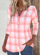 Dusty Pink Tuck Stitch Plaid Long Sleeve T Shirt | thumb picture 