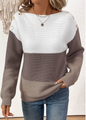 Dark Coffee Patchwork Long Sleeve Round Neck Sweater | thumb picture 