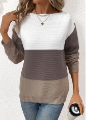 Dark Coffee Patchwork Long Sleeve Round Neck Sweater | thumb picture 