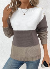 Dark Coffee Patchwork Long Sleeve Round Neck Sweater | thumb picture 