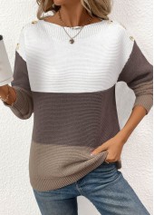 Dark Coffee Patchwork Long Sleeve Round Neck Sweater | thumb picture 