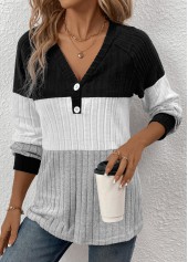 Black Patchwork Long Sleeve V Neck T Shirt | thumb picture 