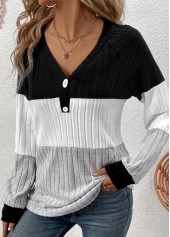 Black Patchwork Long Sleeve V Neck T Shirt