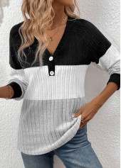Black Patchwork Long Sleeve V Neck T Shirt | thumb picture 