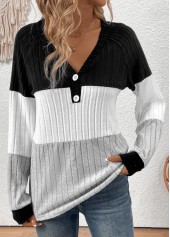 Black Patchwork Long Sleeve V Neck T Shirt | thumb picture 
