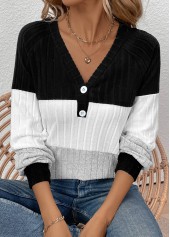 Black Patchwork Long Sleeve V Neck T Shirt | thumb picture 
