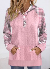 Pink Button Plaid Long Sleeve Hoodie