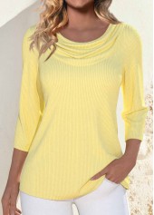 Light Yellow 3/4 Sleeve Draped Neck T Shirt