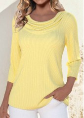 Light Yellow 3/4 Sleeve Draped Neck T Shirt