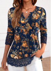 Navy Lace Pumpkin Print Long Sleeve T Shirt
