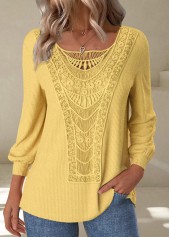 Yellow Embroidery Long Sleeve Round Neck T Shirt