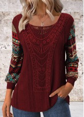 Wine Red Patchwork Tribal Print Long Sleeve T Shirt | thumb picture 