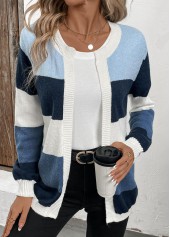 Blue Patchwork Design Long Sleeve Cardigan