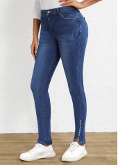 Dark Blue Split Skinny Button Fly High Waisted Jeans
