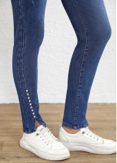 Dark Blue Split Skinny Button Fly High Waisted Jeans | thumb picture 