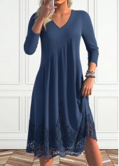 Navy Lace A Line Long Sleeve V Neck Dress