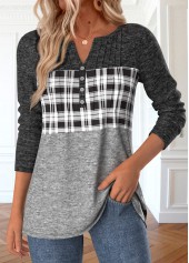 Grey Patchwork Plaid Long Sleeve Split Neck T Shirt