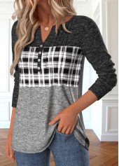 Grey Patchwork Plaid Long Sleeve Split Neck T Shirt | thumb picture 