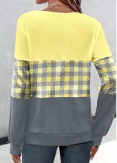 Yellow Patchwork Plaid Long Sleeve V Neck T Shirt | thumb picture 