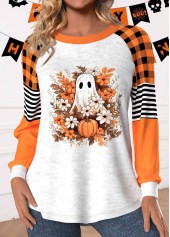 Halloween Orange Patchwork Long Sleeve Round Neck Sweatshirt
