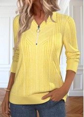 Light Yellow Zipper Long Sleeve Turn Down Collar Sweatshirt | thumb picture 