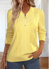 Light Yellow Zipper Long Sleeve Turn Down Collar Sweatshirt