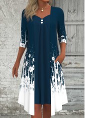 Peacock Blue Fake 2in1 Floral Print A Line Dress | thumb picture 
