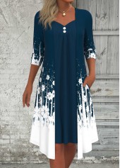 Peacock Blue Fake 2in1 Floral Print A Line Dress