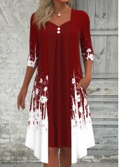 Wine Red Fake 2in1 Floral Print A Line Dress | thumb picture 