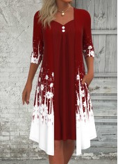 Wine Red Fake 2in1 Floral Print A Line Dress
