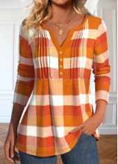 Orange Tuck Stitch Plaid Long Sleeve T Shirt