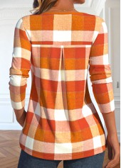 Orange Tuck Stitch Plaid Long Sleeve T Shirt