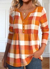 Orange Tuck Stitch Plaid Long Sleeve T Shirt