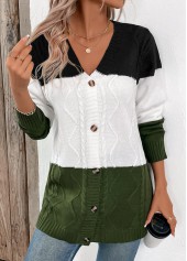 Green Patchwork Button Long Sleeve Cardigan | thumb picture 