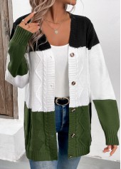 Green Patchwork Button Long Sleeve Cardigan