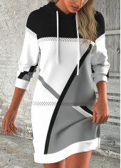 Black Breathable Geometric Print Short Long Sleeve Hoodie Dress