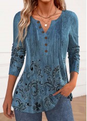 Blue Button Floral Print Long Sleeve T Shirt