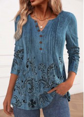 Blue Button Floral Print Long Sleeve T Shirt | thumb picture 