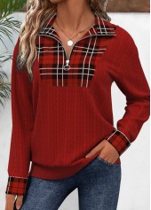 Deep Red Patchwork Plaid Long Sleeve Sweatshirt