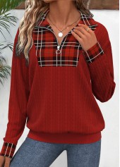 Deep Red Patchwork Plaid Long Sleeve Sweatshirt | thumb picture 